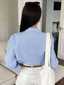 DAZY Women's Striped Long Sleeve Single-Breasted Casual/Work Shirt Petite - Blue - View 5