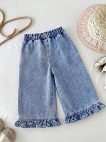 Quần jean ống rộng màu xanh dương thêu hình trái tim, có bèo nhún ở gấu quần, dành cho bé gái. - Màu xanh lam - Xem 6