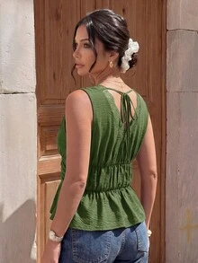 Lounesse Plus Size Women's Solid Color Lace Patchwork Sleeveless Shirt, Commuter Wear For Summer - Green - View 2