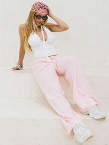 Bela Noronha Women's Casual Versatile Solid Color Ribbed Wide Leg Pants,Fall Comfy Pants Lounge Pants Pink Sweatpants - Pink - View 3