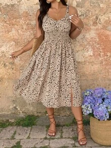 Embrisa Vestido camisero informal con estampado de florcitas pequeñas para talla grande, vestido de verano - Marrón - Ver 2