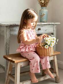 Vintaside Kids 2pcs/Set Baby Girl Casual Cute Bow Sleeveless Top And Pants Set - Red - View 6