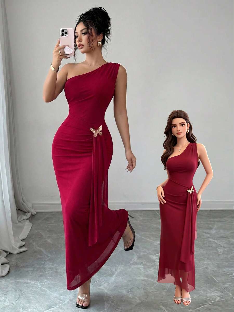 Modelyn 优雅纯色不对称肩部金属扣网纱褶皱腰部性感修身宴会礼服 - 酒紅色 - 查看 1