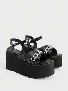 Sugerpunk Sandales compensées plateforme sexy et confortables pour femmes, style punk, gothique, avec boucle en métal sur plateforme muffin. Design à la mode pour les vacances, les sorties en boîte de nuit, le bureau ou la ville. Chaussures d'été pour femmes - Noir - Voir 2