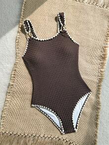 SHEIN Tween Girl Color Block One-Piece Swimsuit, Suitable For Beach Vacation, Pool Party, Beach Party - Brown - View 5