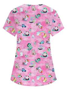 SHEIN Women's Pink Anime Cute Cartoon Pattern Scrub Top,V-Neck Short Sleeve Double Pocket Nurse Uniform,Veterinary Grooming Work Outfit,Functional Workwear - Pink - View 2
