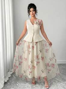 Elenzga Women's Elegant Summer Beige Wedding Guest Wedding Ninang Mesh Floral Print Set,Solid Color V-Neck Blouse With Metal Button,Dreamy Pink Set - Apricot - View 7