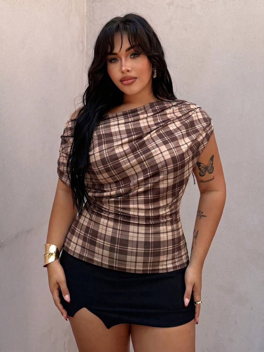 Rustia Camiseta sin mangas de cuello de pico con lunares, talla grande, primavera/verano - Marrón - Ver 1