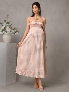 Đầm cho con bú SHEIN Maternity Gingham Frill Trim, màu hồng, mùa hè, có túi bên hông. - Hồng - Xem 3