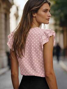 EMERY ROSE Women's Spring/Summer New Arrival Polka Dot Print Pattern Round Neck Ruffle Sleeve Casual Versatile T-Shirt - Multicolor - View 2
