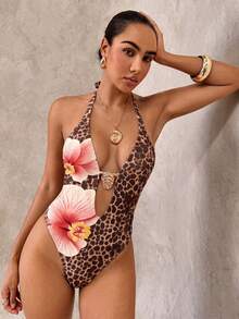 Swim Glamine Bộ đồ bơi liền thân DivaQ Bohemian gợi cảm họa tiết da báo và hoa, kiểu yếm. - Màu Khaki - Xem 5