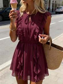 Ellevyn Tie-Up Ruffle Hem Elegant Vacation Dress - Purple - View 2
