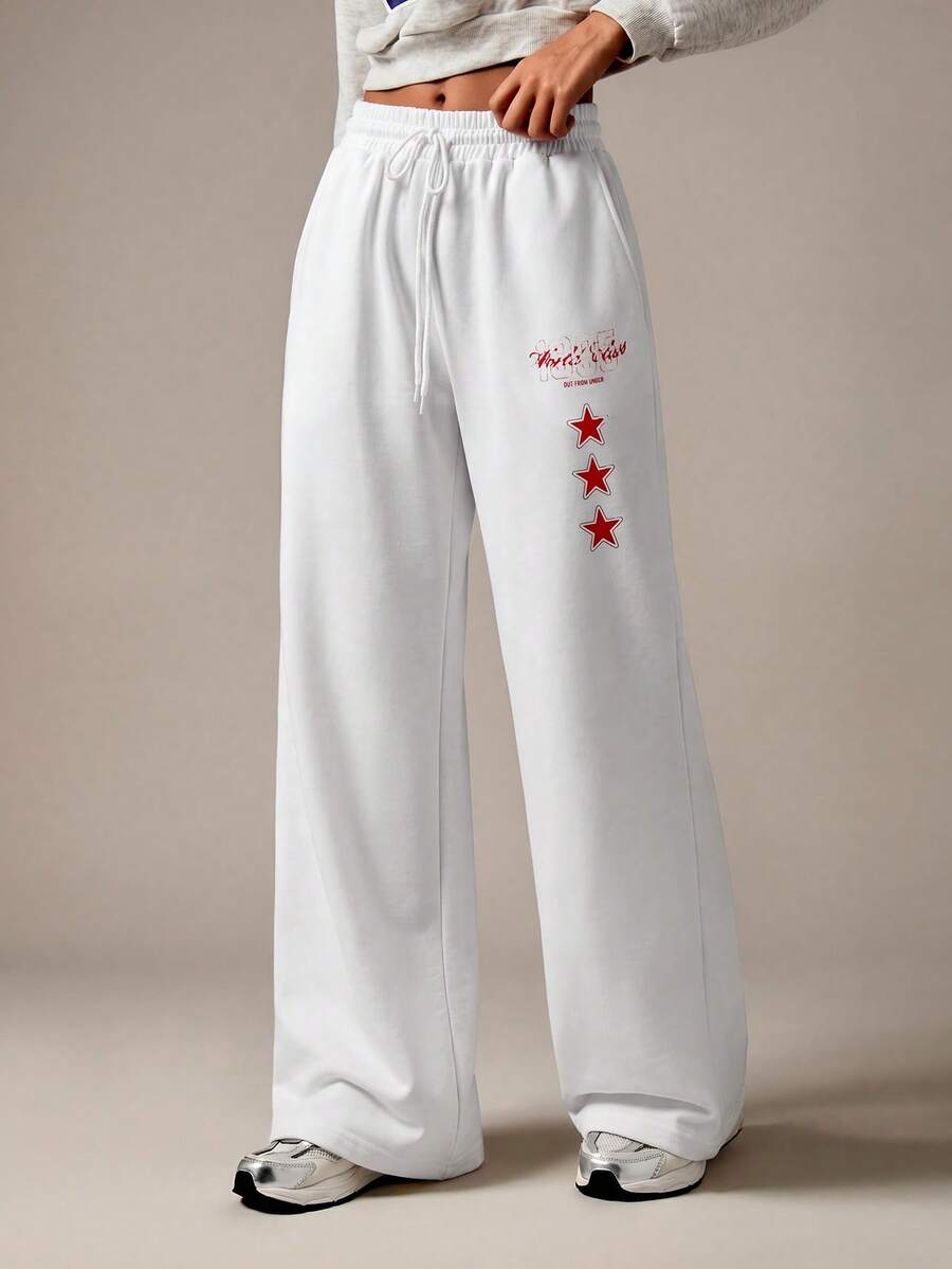 SHEIN 女士白色常规版型休闲抽绳阔腿运动裤 - 白色 - 查看 1