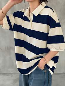 FRIFUL 女款寬鬆條紋 Polo 領中袖 T-shirt，休閒夏季圖案印花上衣 - 藏蓝色 - 查看 3