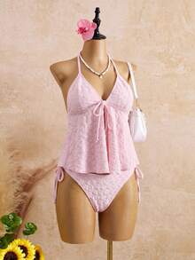 Bellisia 2 piezas Top de bikini de triángulo con textura de punto de unicolor para mujer, casual para playa y vacaciones de verano - Rosa - Ver 3