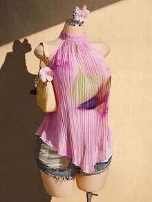 SHEIN ICON Blusa de cuello halter asimétrica con textura para mujer de talla grande - Rosa - Ver 4