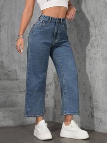 SHEIN ICON Plus Size Women Casual Loose Straight Leg Light Blue Non-Stretch Jeans - Light Wash - View 4