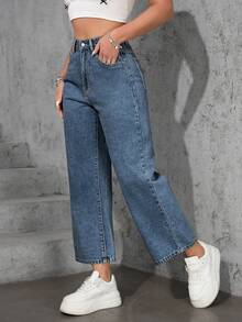 SHEIN ICON Plus Size Women Casual Loose Straight Leg Light Blue Non-Stretch Jeans - Light Wash - View 5