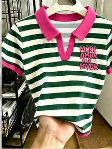 Resyla 女士休闲条纹印花撞色 Polo 衫，“More Amor Por Favor”字母刺绣短袖 V 领针织衫，学院风和 Y2K 风格，适合日常穿着和送礼。 - 彩色 - 查看 4