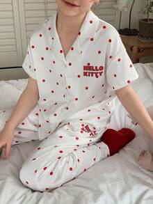Dazy Kids HELLO KITTY | DAZY Tween Girl KT Cat Collar Short Sleeve Polka Dot Pajama Top Summer - Apricot - View 7