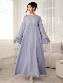 Al Najma Solid Color Round Neck Loose Long Sleeve Patchwork Ribbon Dress, Casual Resort Wear - Purple - View 3