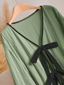 CosyJoli Plus Size Contrast Color Collar Tie Front Long Sleeve Shirt Fall - Green - View 3