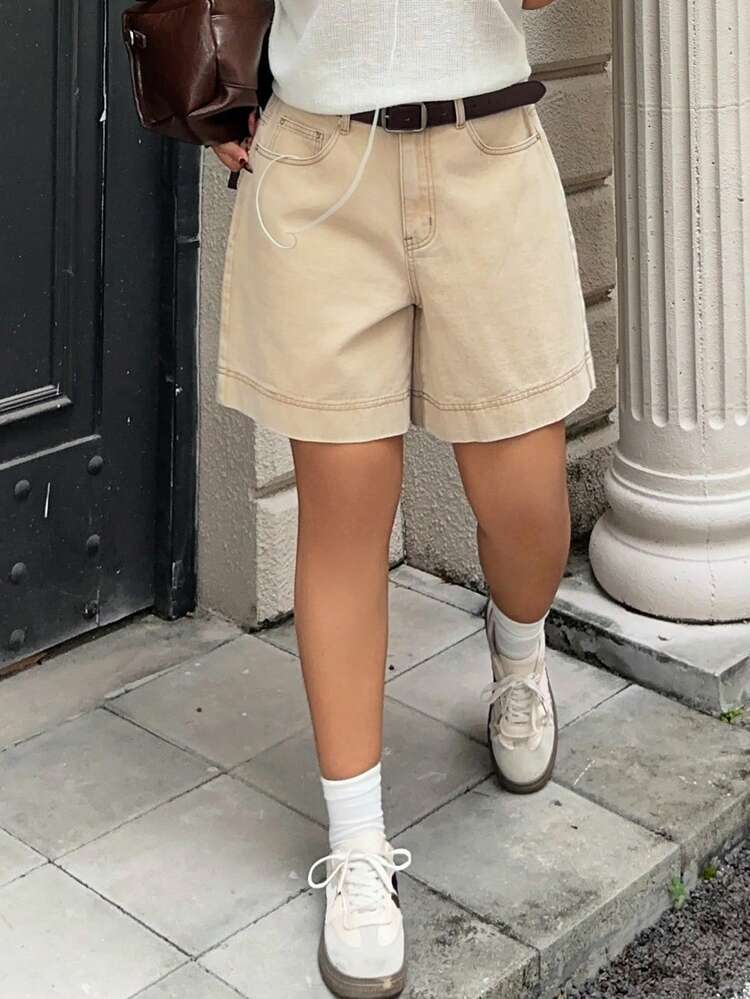 Dazy Plus Plus Size Women's High Waist Casual Vintage Washed Apricot Solid Color Versatile Street Style Denim Shorts, Spring/Summer