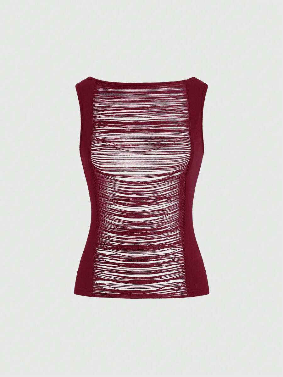 ROMWE Grunge Punk Blusa de uso diario versátil y casual con diseño de flecos y desgastado de unicolor para mujer - Burdeos - Ver 1