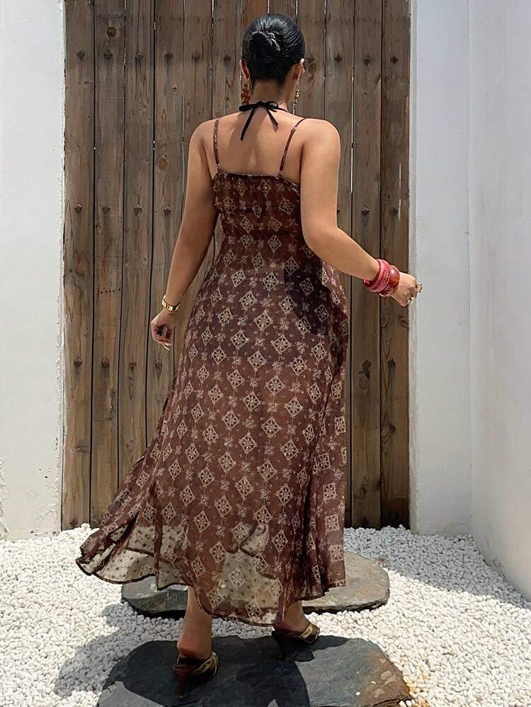 Dazy Plus V-Neck Spaghetti Strap Semi-Sheer Floral Print Cinched Waist Maxi Dress, Sexy Beach Cover Up Swimsuit For Plus Size Women, Spring/Summer Brown