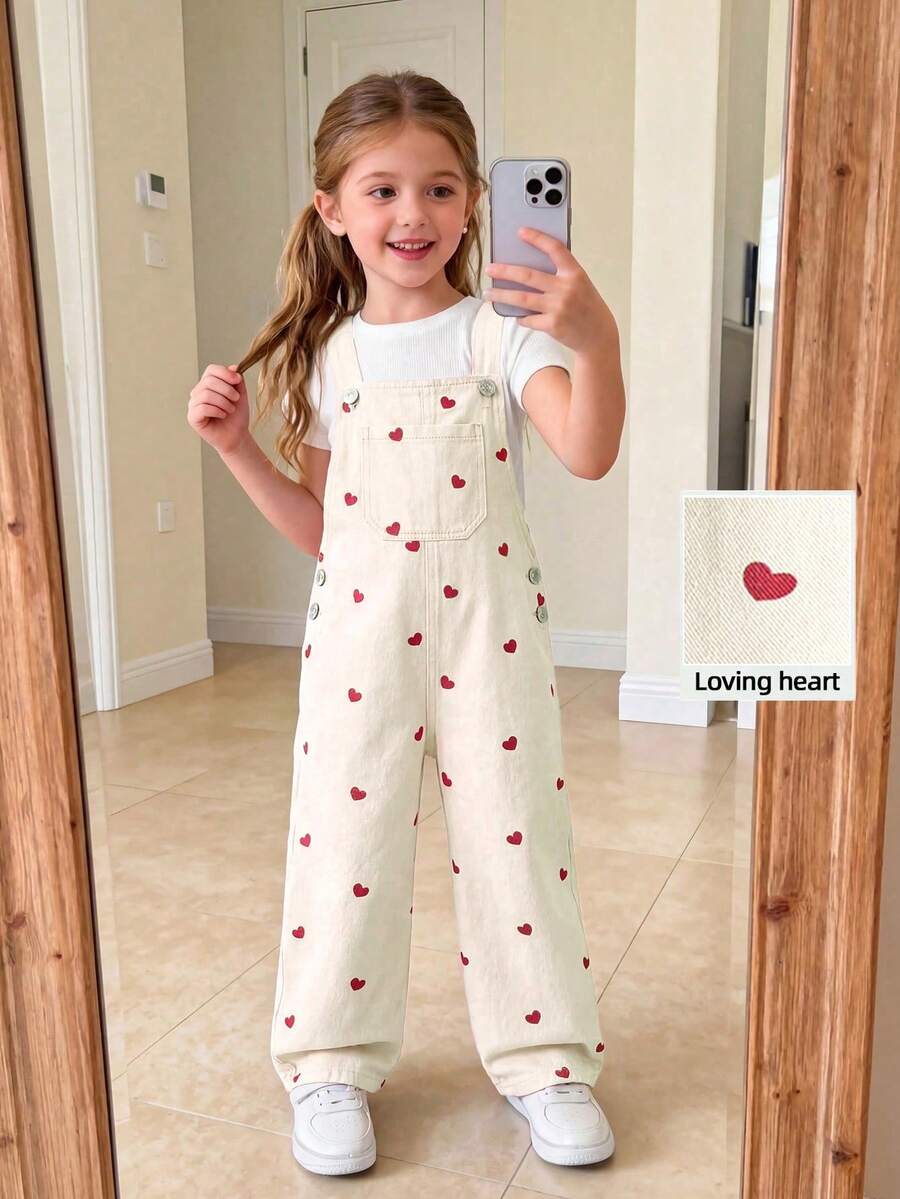 SHEIN Quần jean denim xanh mùa hè cho bé gái, bộ jumpsuit denim mềm mại, thoải mái, thiết kế họa tiết trái tim và hoa văn thời trang mới. - Màu be - Xem 1
