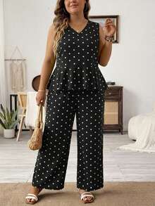SHEIN LUNE 2 piezas Conjunto informal retro de blusa holgada de cuello en V con estampado de lunares y pantalones de pierna ancha, adecuado para el verano, conjunto de 2 piezas en negro - Multicolor - Ver 5