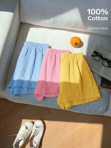 Comfortcana 3pcs/Set Plus Size Solid Color Linen Comfortable Casual Shorts, Suitable For Spring & Summer - Multicolor - View 1