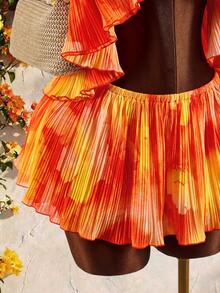 Amplova Bộ đồ hai mảnh bằng vải chiffon dành cho nữ: Áo cổ yếm hở lưng với vạt áo bất đối xứng, viền bèo nhún hai lớp mềm mại và chân váy ngắn, gợi cảm và phá cách, thích hợp cho trang phục đi nghỉ mát. - trái cam - Xem 6