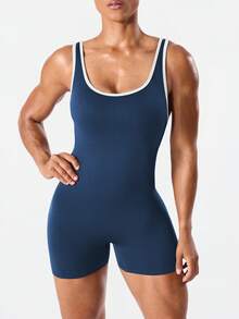 Seamluxe SHEIN Sport Bộ áo liền quần không đường may hở lưng dành cho nữ - Màu xanh hải quân - Xem 3
