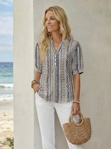 EMERY ROSE Women's Geometric Pattern Shirt, Versatile Summer Casual Vacation,Summer Top - Multicolor - View 3