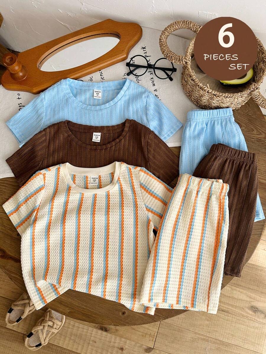 LMoss Kids Bộ 6 món quần áo hè cho bé trai, kiểu dáng thoải mái thường ngày gồm áo thun cổ tròn tay ngắn, áo thun kẻ sọc và quần short trang trí, bộ 2 món, trang phục tiết kiệm chi phí, phù hợp cho hoạt động ngoài trời, chụp ảnh đường phố, dự tiệc và thư giãn tại nhà. - Nhiều màu - Xem 1