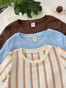 LMoss Kids Bộ 6 món quần áo hè cho bé trai, kiểu dáng thoải mái thường ngày gồm áo thun cổ tròn tay ngắn, áo thun kẻ sọc và quần short trang trí, bộ 2 món, trang phục tiết kiệm chi phí, phù hợp cho hoạt động ngoài trời, chụp ảnh đường phố, dự tiệc và thư giãn tại nhà. - Nhiều màu - Xem 3