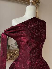 Elegantes romantisches Mode Burgunderrotes Jacquard-Gewebe asymmetrisches Reißverschluss A-Linien Kleid, geeignet für Abschlussfeier, Schulöffnung, Musikfestival, Geburtstagsfest, Hochzeit, Nachmittagstee, Tanzparty, Brautkleid, Geschenk - Bordeaux - Übersicht 7