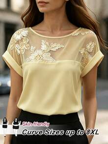 SHEIN CURVE+ Plus Size Women Summer Casual Elegant Vacation Daily Commute Formal Patchwork Sheer Floral Mesh Batwing Short Sleeve Loose Blouse White - Apricot - View 1