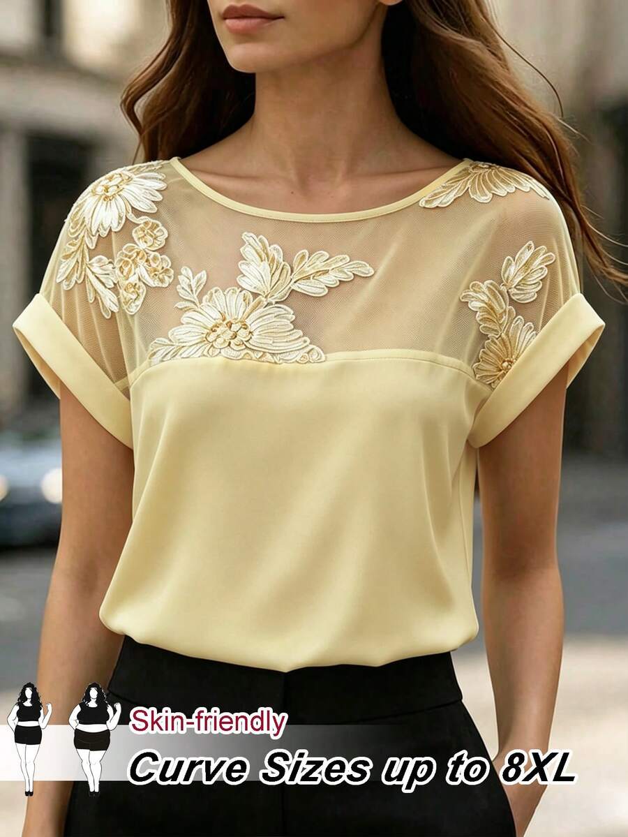 SHEIN CURVE+ Plus Size Women Summer Casual Elegant Vacation Daily Commute Formal Patchwork Sheer Floral Mesh Batwing Short Sleeve Loose Blouse White - Apricot - View 1