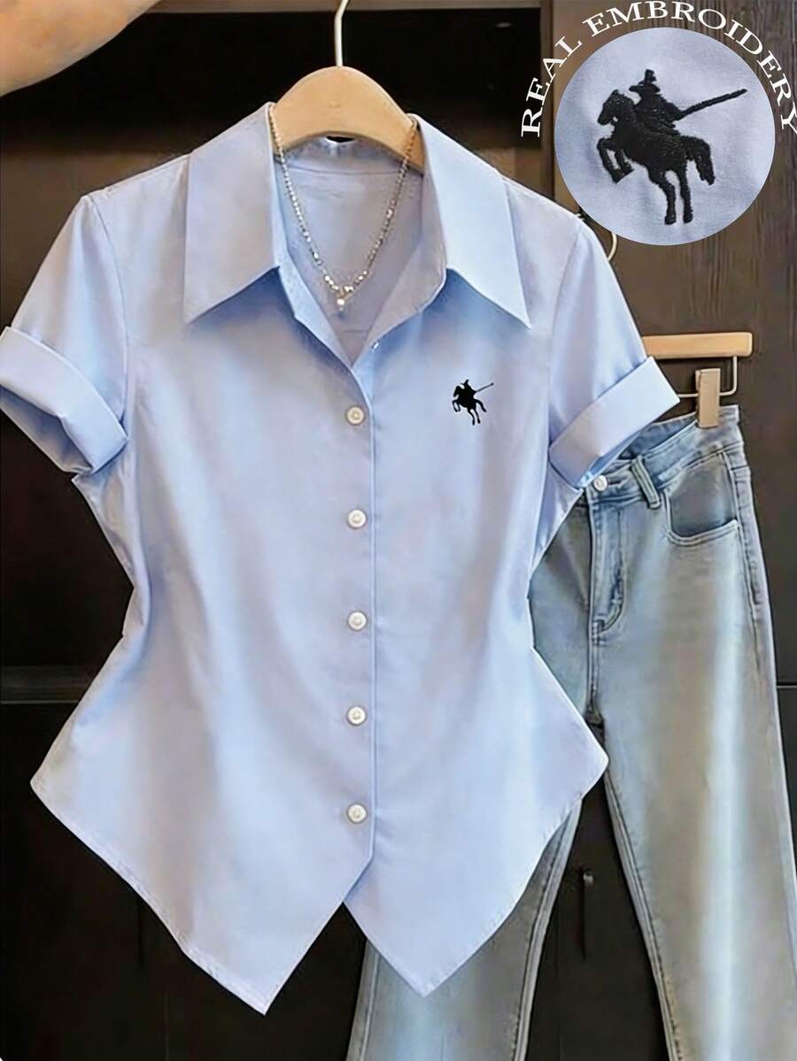 SHEIN Franclia 女士夏季休闲上衣，通勤刺绣衬衫，优雅弧形下摆上衣，短袖百搭衬衫 - 藍色 - 查看 1