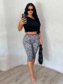 SHEIN SXY Quần legging lửng nữ thời trang, phong cách thường ngày, họa tiết da báo phối ren, thích hợp cho kỳ nghỉ. - Xám - Xem 4