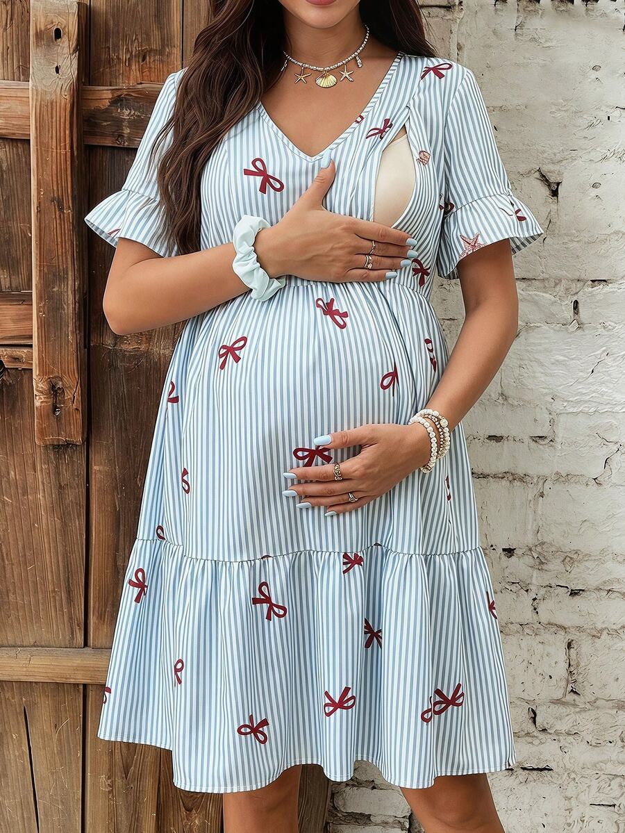 SHEIN 孕妇休闲条纹蝴蝶结印花V领荷叶边短袖哺乳连衣裙,适合海滩和度假穿着 - 藍白色 - 查看 1