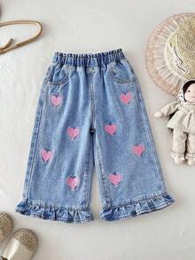 Quần jean ống rộng màu xanh dương thêu hình trái tim, có bèo nhún ở gấu quần, dành cho bé gái. - Màu xanh lam - Xem 7