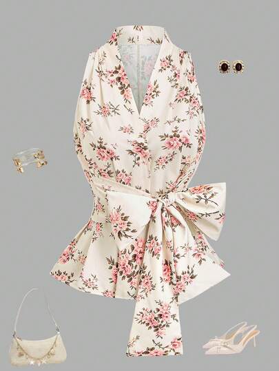 Qadelle 优雅簇拥玫瑰花束图案，女士休闲V领腰部系带蝴蝶结吊带背心，象牙色蝴蝶结吊带背心，适合婚礼和派对，无袖，柔软轻盈面料，裹身V领设计，芭蕾舞鞋风格，低调奢华，浪漫聚会，婚礼宾客上衣，时尚夏季派对装扮