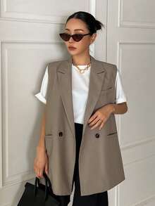 DAZY Women's Solid Color Lapel Double-Breasted Casual Sleeveless Business Blazer,Fall Clothes - Khaki - View 6