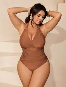 Swim Chiccia 2026 New Solid Color Ruched Plus Size One-Piece Swimsuit, Suitable For Beach Vacation, Pool Party, Beach Party - Khaki - View 5