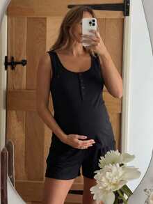 SHEIN 2件套哺乳纯色U领无袖宽肩带舒适夏季套装 - 黑色 - 查看 2
