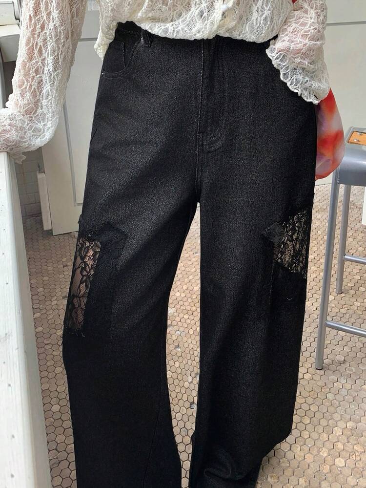 Dazy Plus Plus Size Women Casual Black Jeans With Sheer Lace Patchwork Design, Straight Leg, Suitable For All Seasons