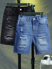 SHEIN Tween Boys' Distressed Denim Shorts - Multicolor - View 1